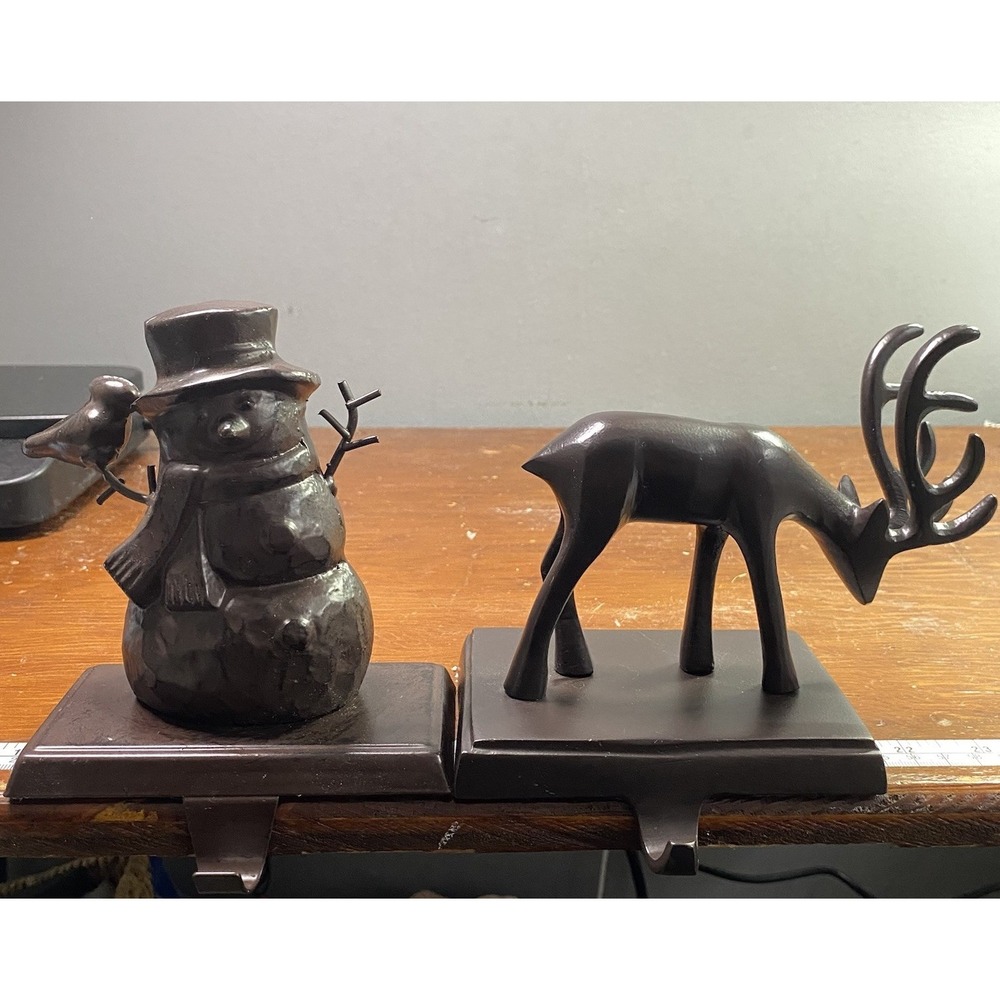 Heavy Metal Bronze Brown Snowman&Reindeer Christmas Stocking Hangers Set 2 EUC